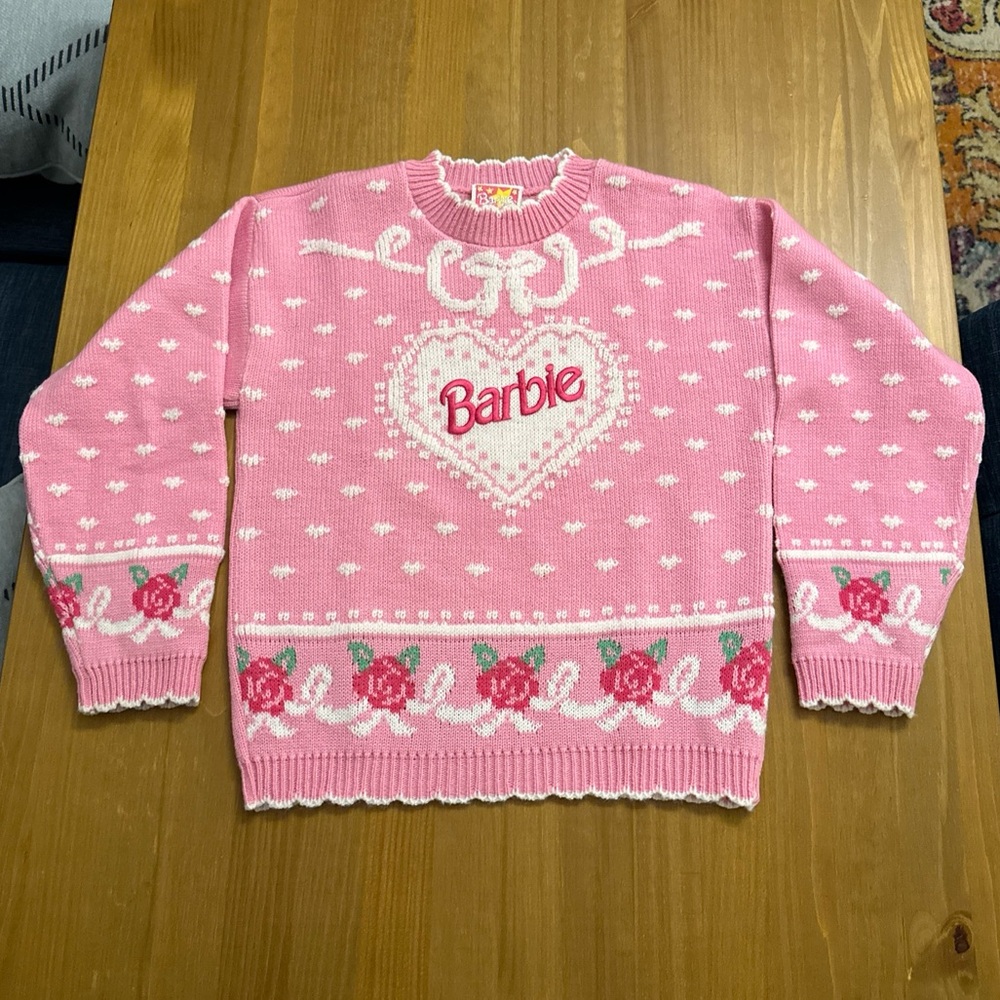 Girls Barbie Pink Sweater Sz M‎ 7/8 Roses Hearts 90s USA Vintage 1991